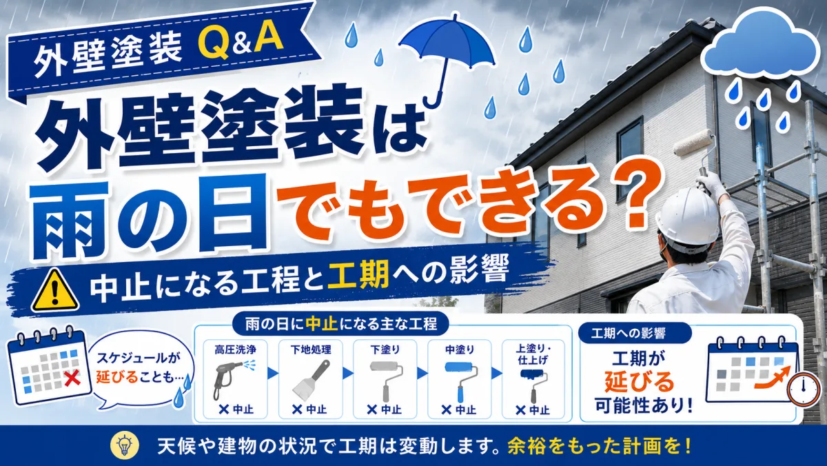 外壁塗装は雨の日でもできる？中止になる工程と工期への影響のサムネイル
